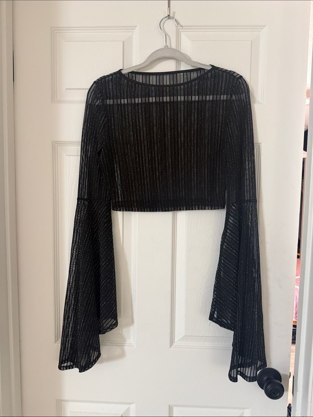 Sheer black sparkle belle sleeve crop top